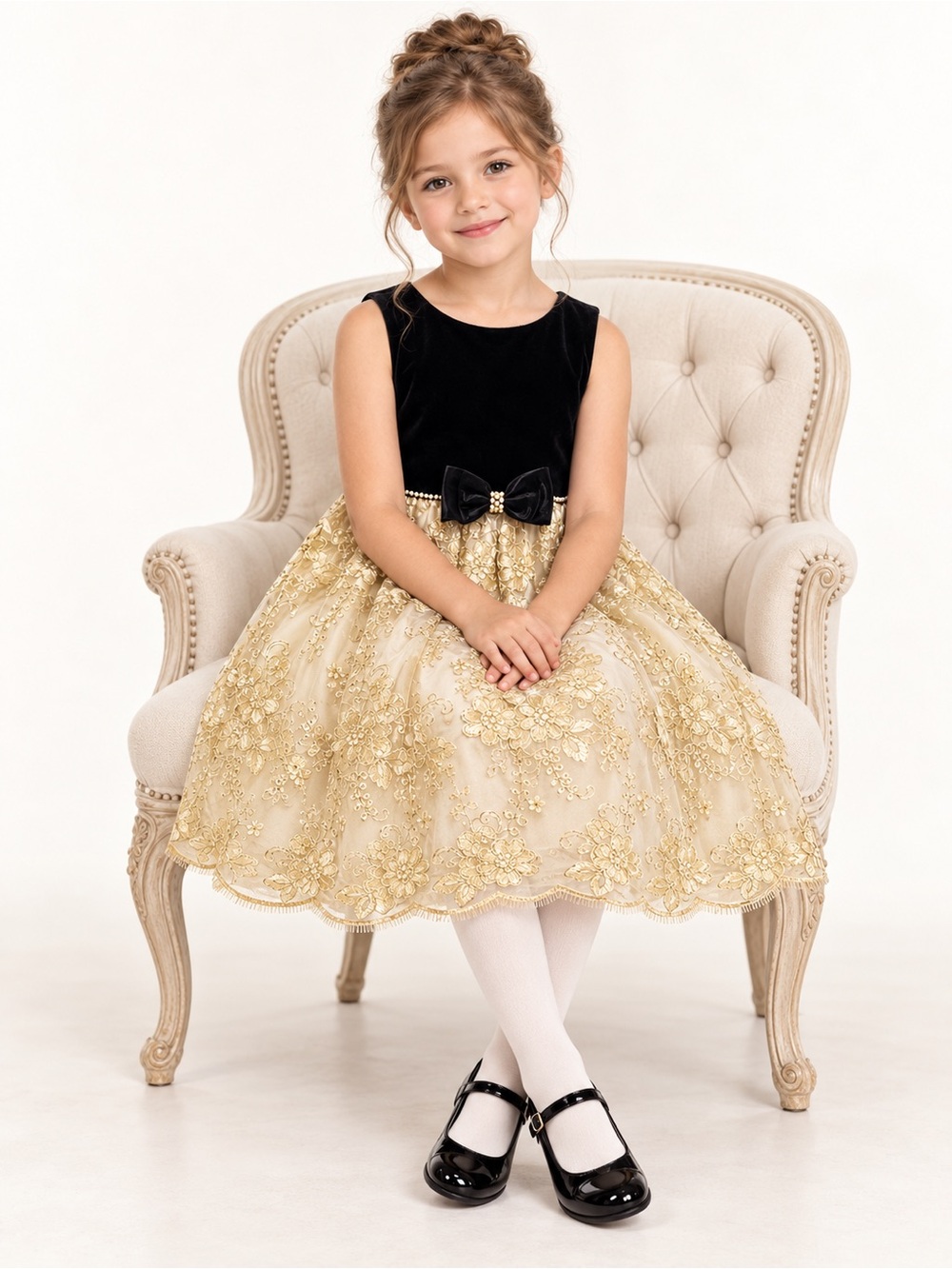 American Princess Black and Gold Velvet & Lace Formal Dress with Bow